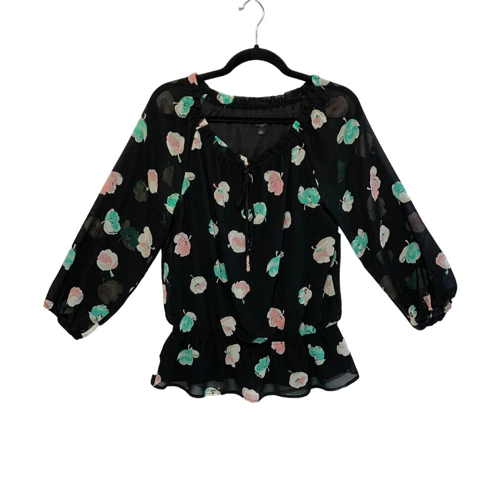 Ann Taylor Semi Sheer Dark Floral Ruffle Neck Blouse Women's Sz S Black Casual